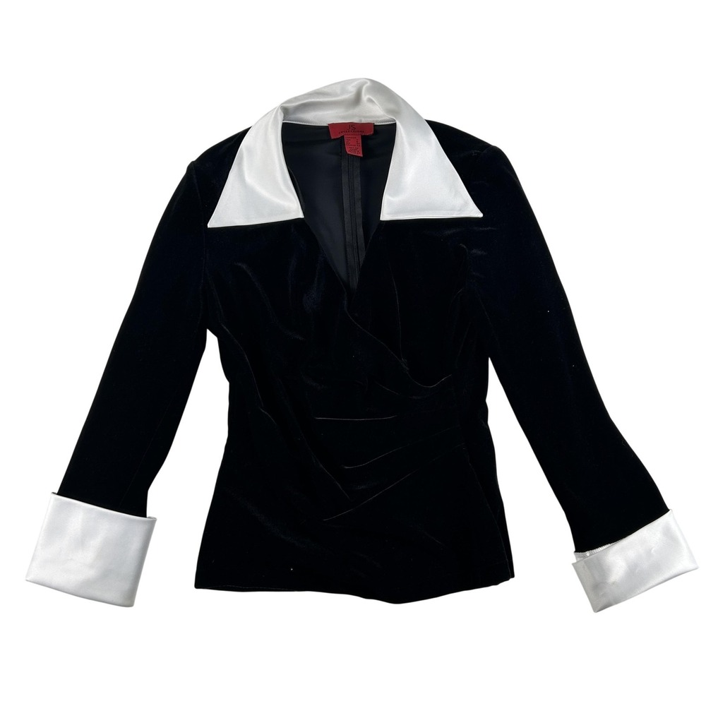 JS Collections Blouse Womens 4 Black Velvet Contrast Collar‎ Cuff V-Neck Top